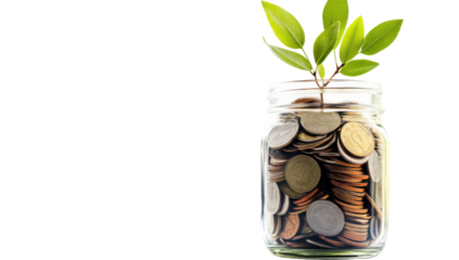 Growing Money: Coins in a Glass Jar with Sprout on Transparent Background, Concept of Investment and Financial Growth