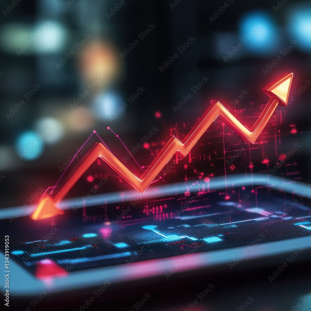 Poster digital tablet displaying a rising red arrow graph showing financial market growth and technological