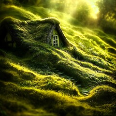 A whimsical cottage covered in lush green grass sits peacefully