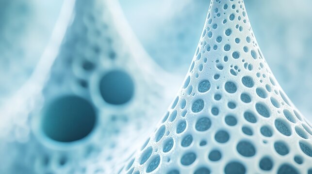 Intricate porous structures in pale blue tones displaying abstract cellularity