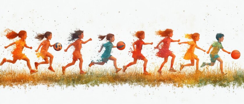 Children Playing Soccer Basketball Volleyball After School Sports Program Cartoon Illustration