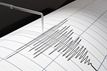 Printer head of an earthquake detector is oscillating, plotting high frequency pulse wave curves on graph paper. Illustration of the concept of tremor detection