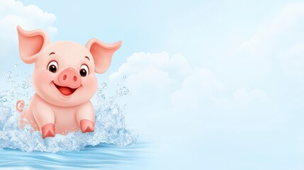 Fototapeta premium Whimsical Pig in the Water: A delightful illustration of a cheerful piglet splashing joyfully in the water, exuding a sense of playfulness and innocence against a bright and dreamy backdrop.