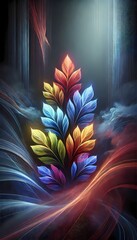 Glowing abstract leaf-like shapes layered over a dark, misty background, creating a serene and futuristic wallpaper