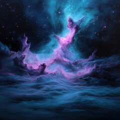 Fototapeta premium Abstract Cosmic Nebula Landscape: Pink, Purple, and Teal Swirls in Dark Starry Sky
