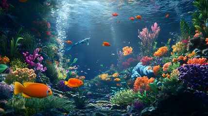 Naklejka premium Diver Swimming Near Vibrant Fish and Coral Reef