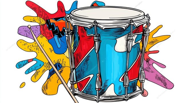 Vibrant Blue and Red Drum Surrounded by Colorful Splashes of Paint