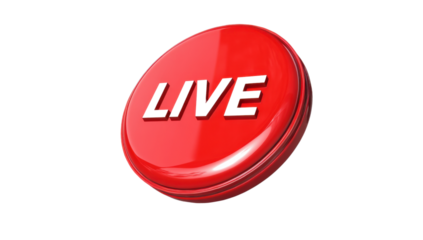 Glossy red LIVE button on a transparent background, symbolizing realtime broadcasting, streaming, and online events Concept of immediacy, connection, and digital communication