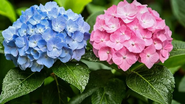 Vibrant blue and pink hydrangea flowers blossom in a lush garden on a rainy day in spring