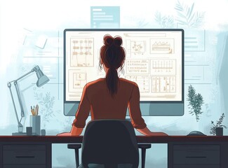 Woman Working on Computer Analyzing Animation Frames in Cozy Workspace Vector Illustration