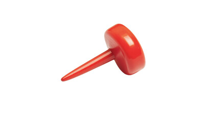 Red plastic push pin on a transparent background, closeup studio shot of a thumbtack for office or school supplies Concept of stationery and notice