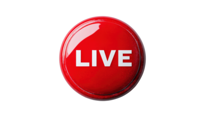 Glossy red LIVE button with white text on a transparent background, symbolizing streaming, broadcasting, and realtime events