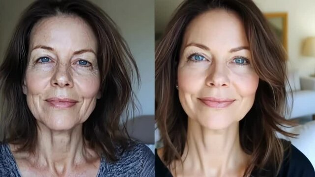 Transformative beauty routine showcasing natural skincare and makeup for a radiant look