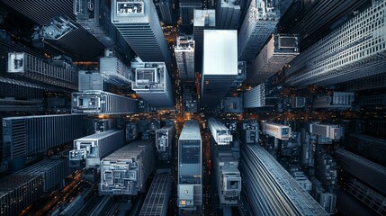 aerial view of a city filled with reflective skyscrapers, golden hour lighting, business district, ultra-modern architecture, sleek high-rise buildings, dynamic urban environment, financial hub,