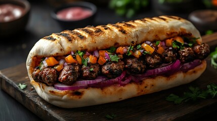 A large meat sandwich with onions and peppers on a wooden table