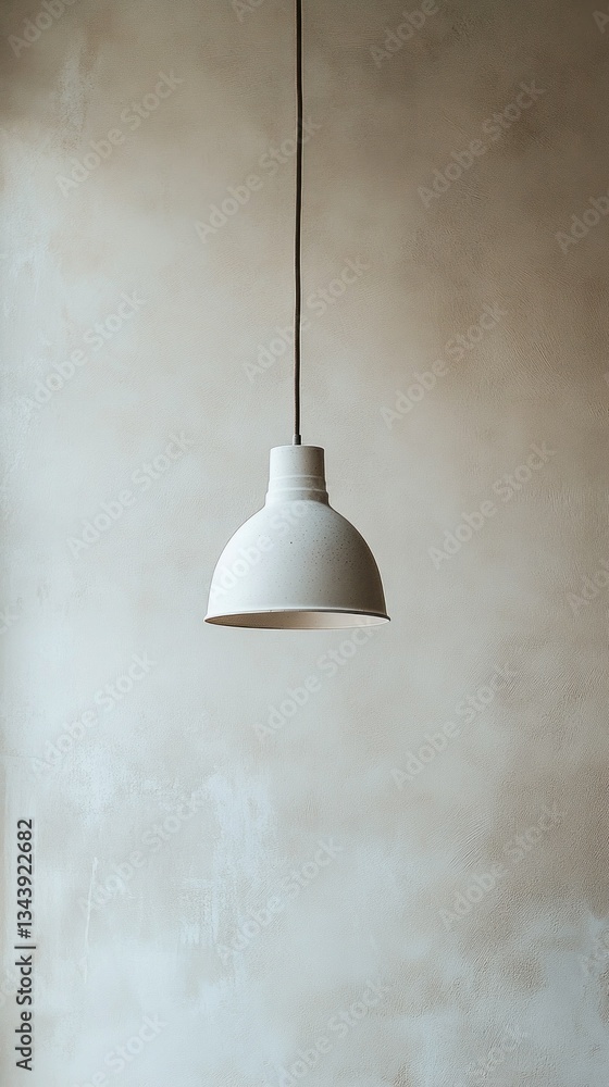 Poster a sleek white pendant light hangs from the ceiling in a well-lit, minimalist room. its soft curves c