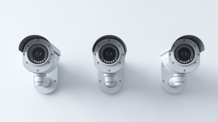 Trio of security cameras guarding a clean white wall, modern surveillance