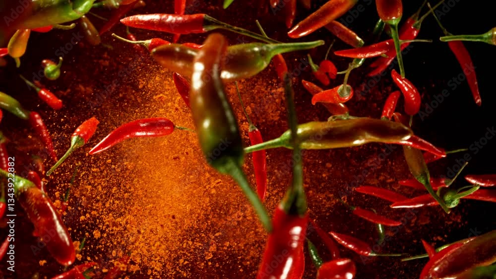 Poster super slow motion of flying and rotating chilli peppers with dry chilli powder. black background. fi