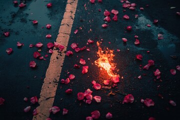 Burning rose petals on wet pavement