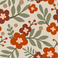 Cute seamless pattern with flowers and abstract botanical elements. Vector hand drawn floral background for textile, fabric, print or wallpaper.