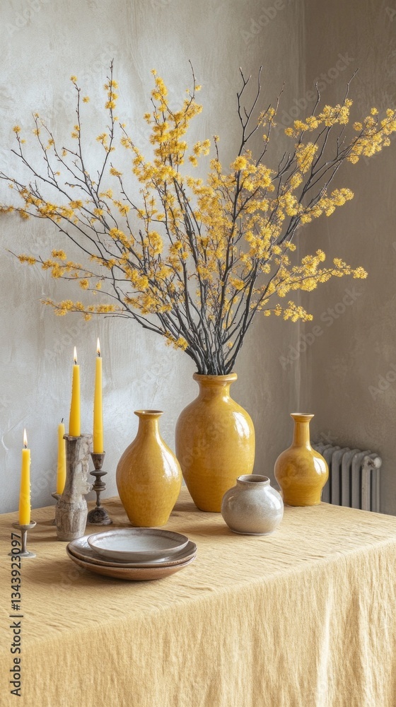 Poster a beautifully arranged table showcases yellow branches in vases alongside lit candles and simple pla