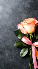   Black background, pink rose & ribbon, pink bow
