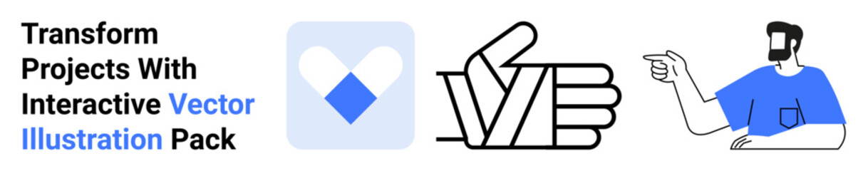 Hand giving thumbs up, arm pointing at card with heart symbol, man in blue engaging. Ideal for feedback, interaction, communication, teamwork, collaboration, digital tools flat landing page banner