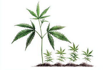 Illustration of a cannabis plant growing, showcasing different growth stages from seedling to maturity in a natural setting.