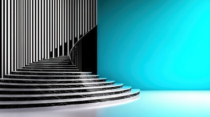 Obraz premium A set of monochromatic stairs leads to a blue wall with a monochromatic spiral staircase
