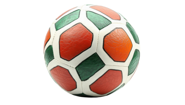 Isolated soccer ball with red, green, and white panels on a transparent background Concept of sports, recreation, and international games