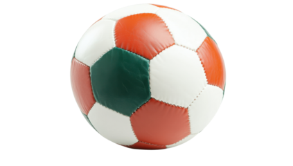 Classic soccer ball with green, red, and white panels on a transparent background Concept of sports, recreation, and international games