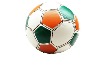 Fototapeta premium Isolated soccer ball with green, orange, and white panels on a transparent background Concept of sports, recreation, and international games