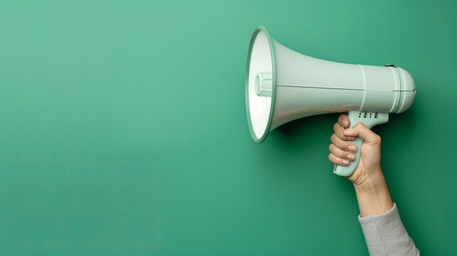 The female hand in a gray sweater holds a white loudspeaker on a green background. The minimalist composition emphasizes the purity and clarity of the information that must be conveyed.