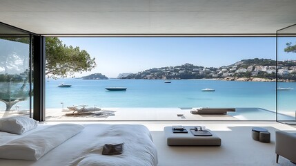 Fototapeta premium Bedroom interior with a panoramic view of the ocean and coastline