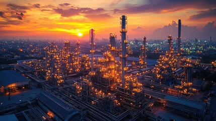Fototapeta premium Industrial skyline at sunset showcasing illuminated refinery structures