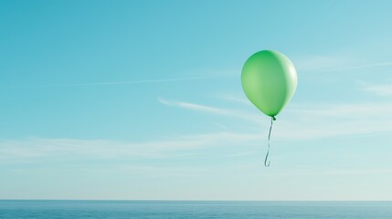 Single green balloon floating in the sky over the ocean. the balloon is in the center of the image, with the ocean below and the sky above.