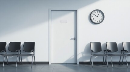 Waiting Area with Clock and Chairs, Emphasizing Time and Institutional Setting