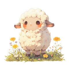 Cute cartoon sheep in colorful flower field nature scene whimsical art