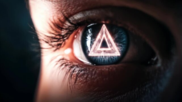 Close-up of human eye with glowing triangle symbol reflected in pupil against dark background. Intense blue iris with mystical geometric overlay. Vision, perception. Spiritual awakening, third eye sym