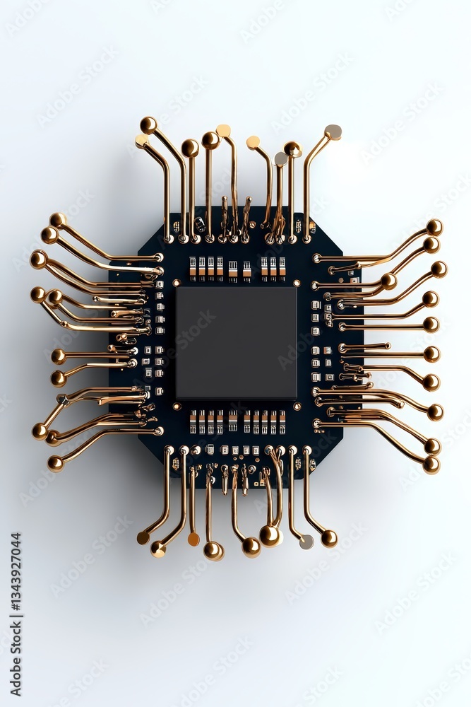 Poster high-tech microchip with golden connections, showcasing intricate design and advanced technology, id