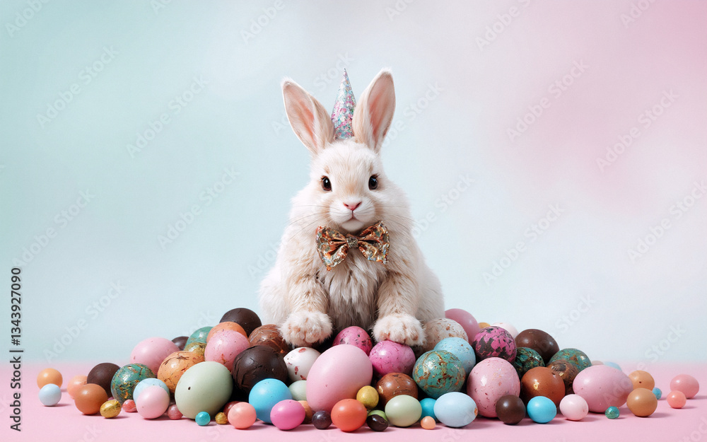 Aufkleber a fluffy bunny with a horn and bow tie sits on a pile of colorful easter eggs against a soft pastel 