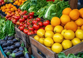 Fresh produce display at a market stall.  Colorful array of fruits and vegetables in wooden crates.  Vibrant display of tomatoes, oranges, lemons, lettuce, and eggplants