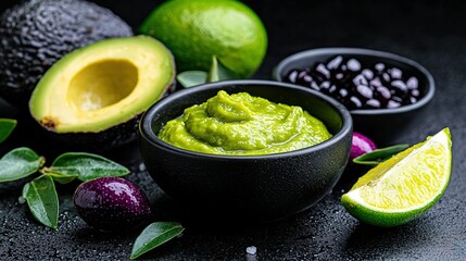   Bowl of guacamole with surrounding avocados, limes, black beans, and lime wedges