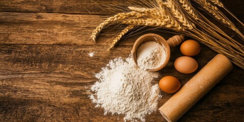 A collection of ingredients for baking, featuring eggs, flour, wheat, and a rolling pin on a rustic wooden surface.