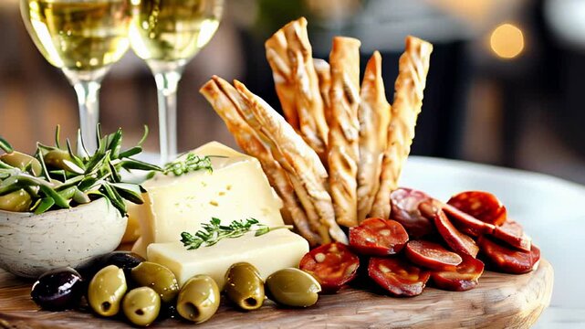 Gourmet cheese board with sausage, olives, and breadsticks on wooden platter