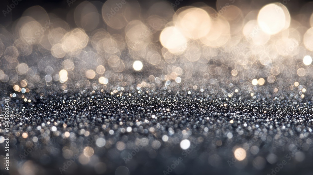 Poster close-up view of shimmering glitter particles scattered across a surface, creating a sparkling bokeh