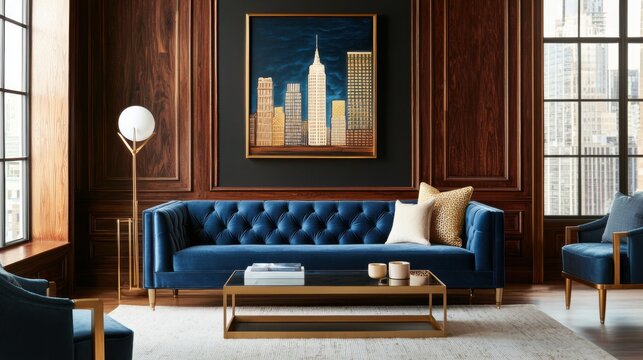 1920s Art Deco living room, rich mocha walls, dark background painting with gold details, plush blue tufted sofa, brass accents, vintage cityscape view
