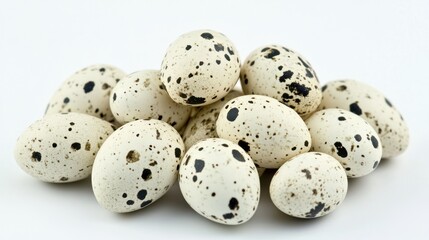Heap of quail eggs displayed with intricate speckled shells, perfect for culinary theme