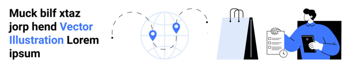 Globe with location pins, shopping bags, and a person holding a tablet, symbolizing global online shopping and digital transactions. Ideal for e-commerce, logistics, delivery, technology, retail