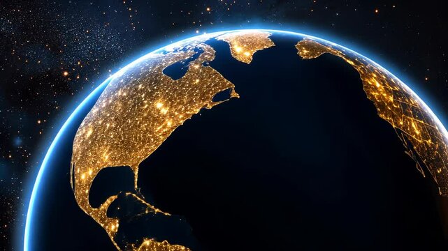 Digital map Nighttime across revealing north american urban landscapes, celestial featuring milky way and sunrise glowing illumination continental landmasses global video 4k